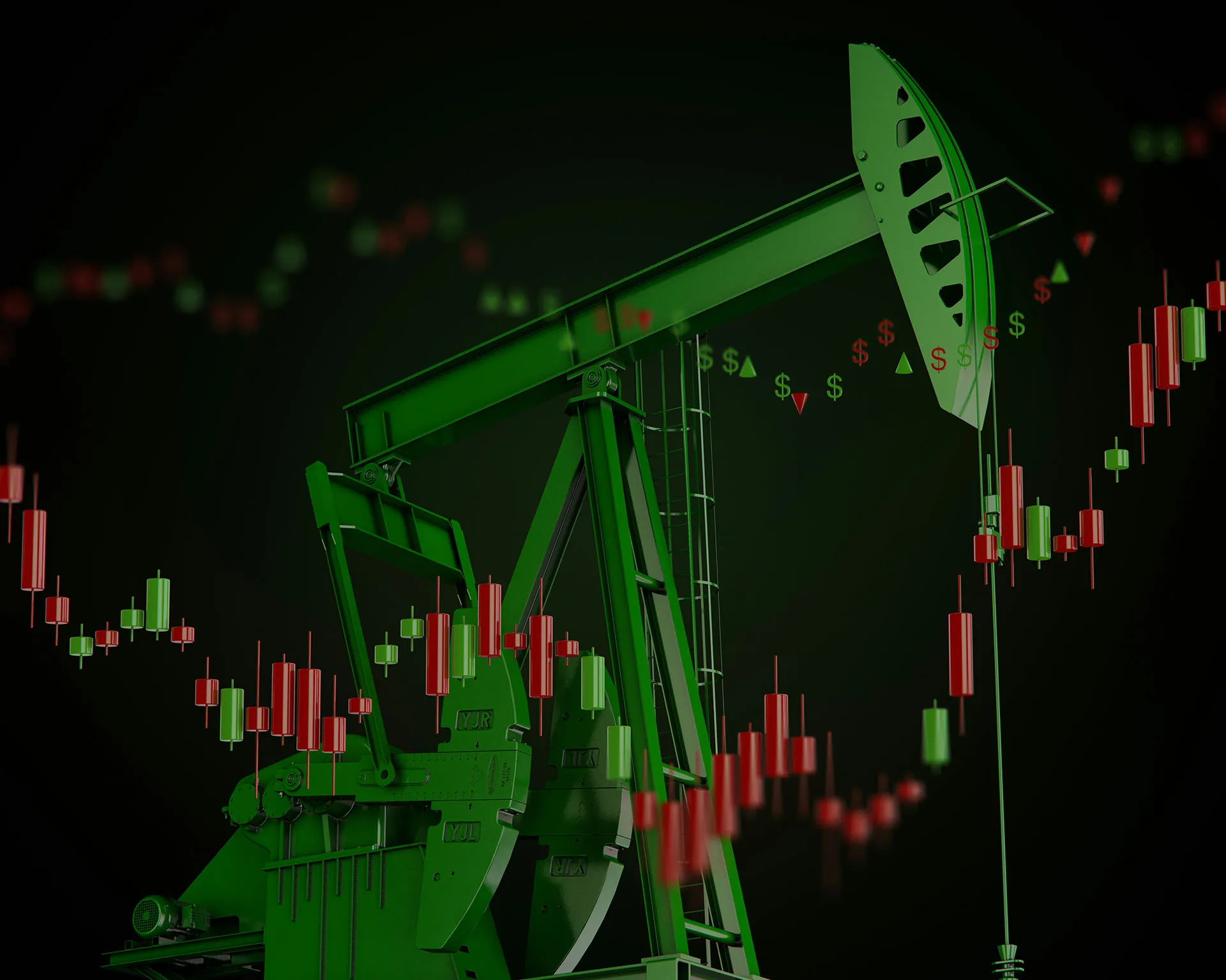  An oil pumpjack with red and green candlestick stock charts displayed against a dark background.