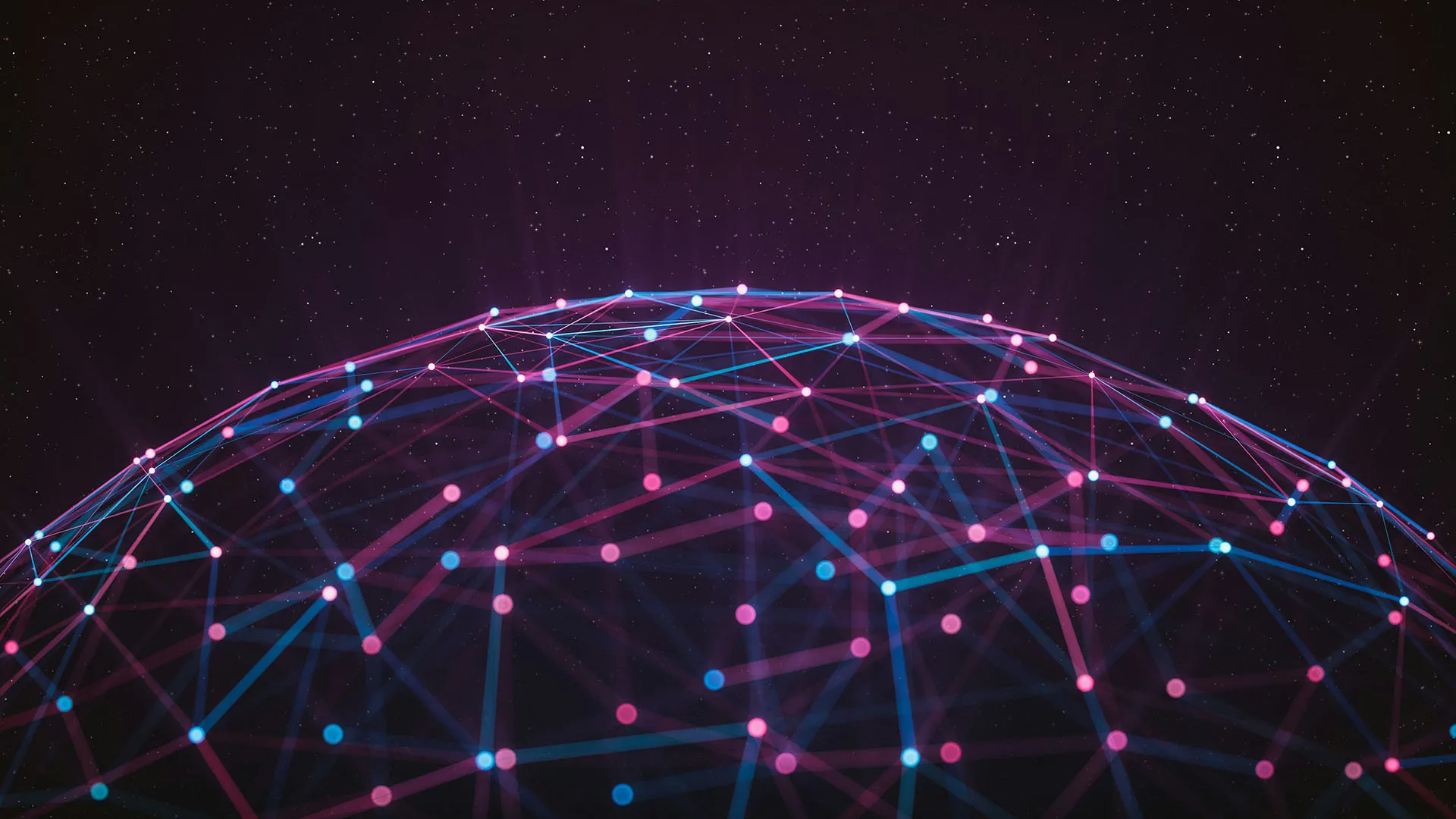  Abstract digital network globe with glowing pink and blue connection lines against a starry dark background.