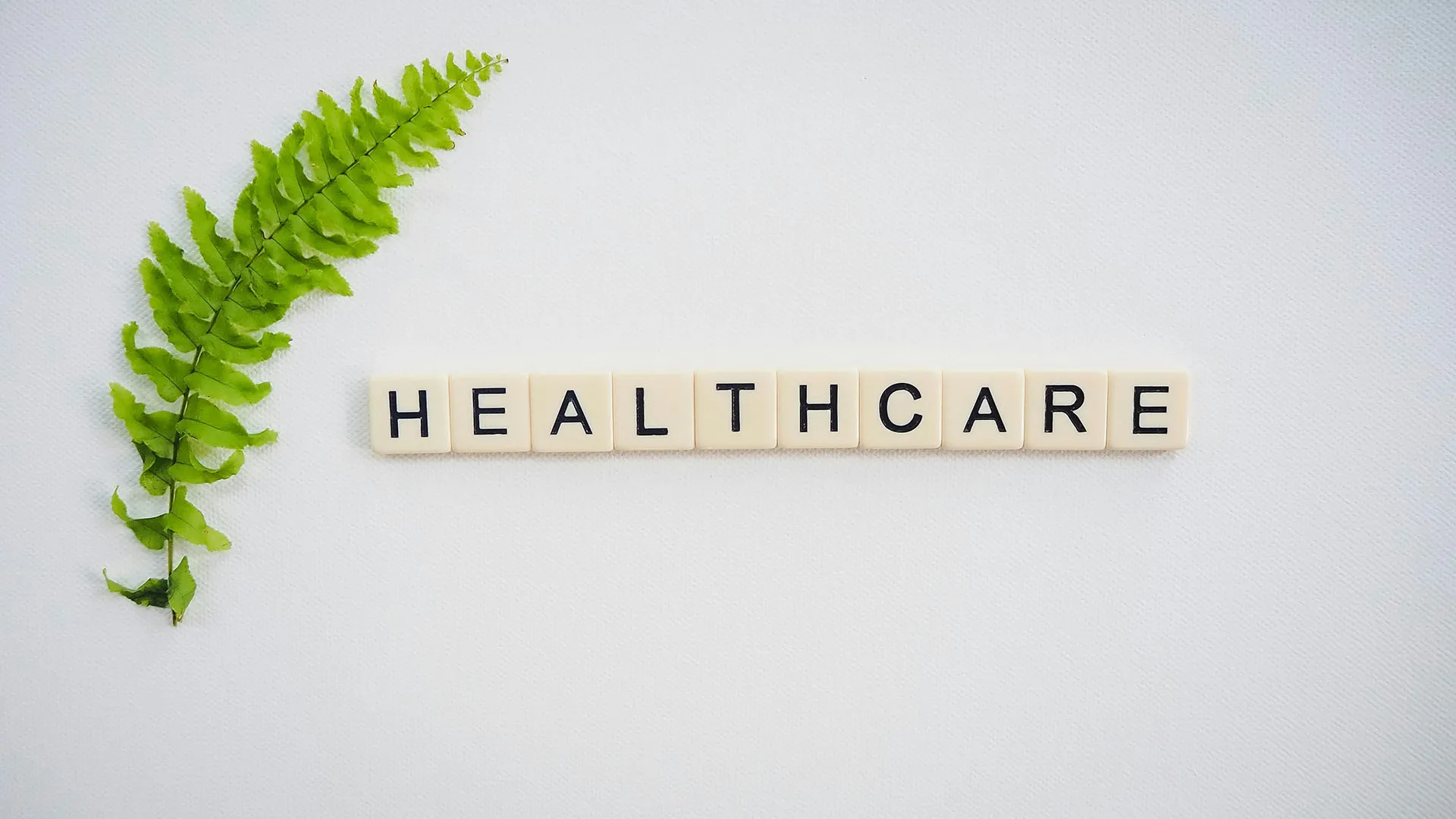  Healthcare word spelled out with letter tiles beside a green fern leaf on a white textured background.