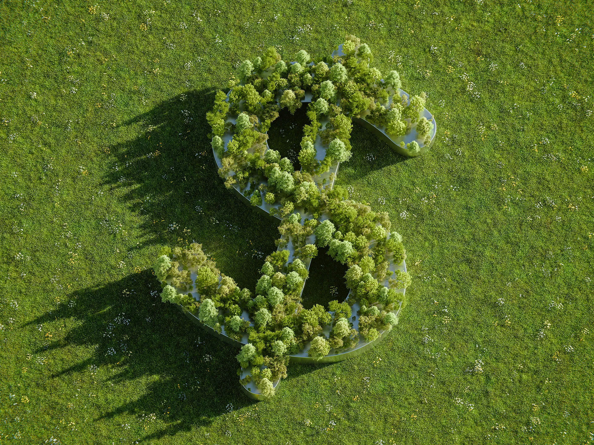  Dollar sign covered in trees on a green grass field, representing sustainable finance, green investment, and ESG growth.