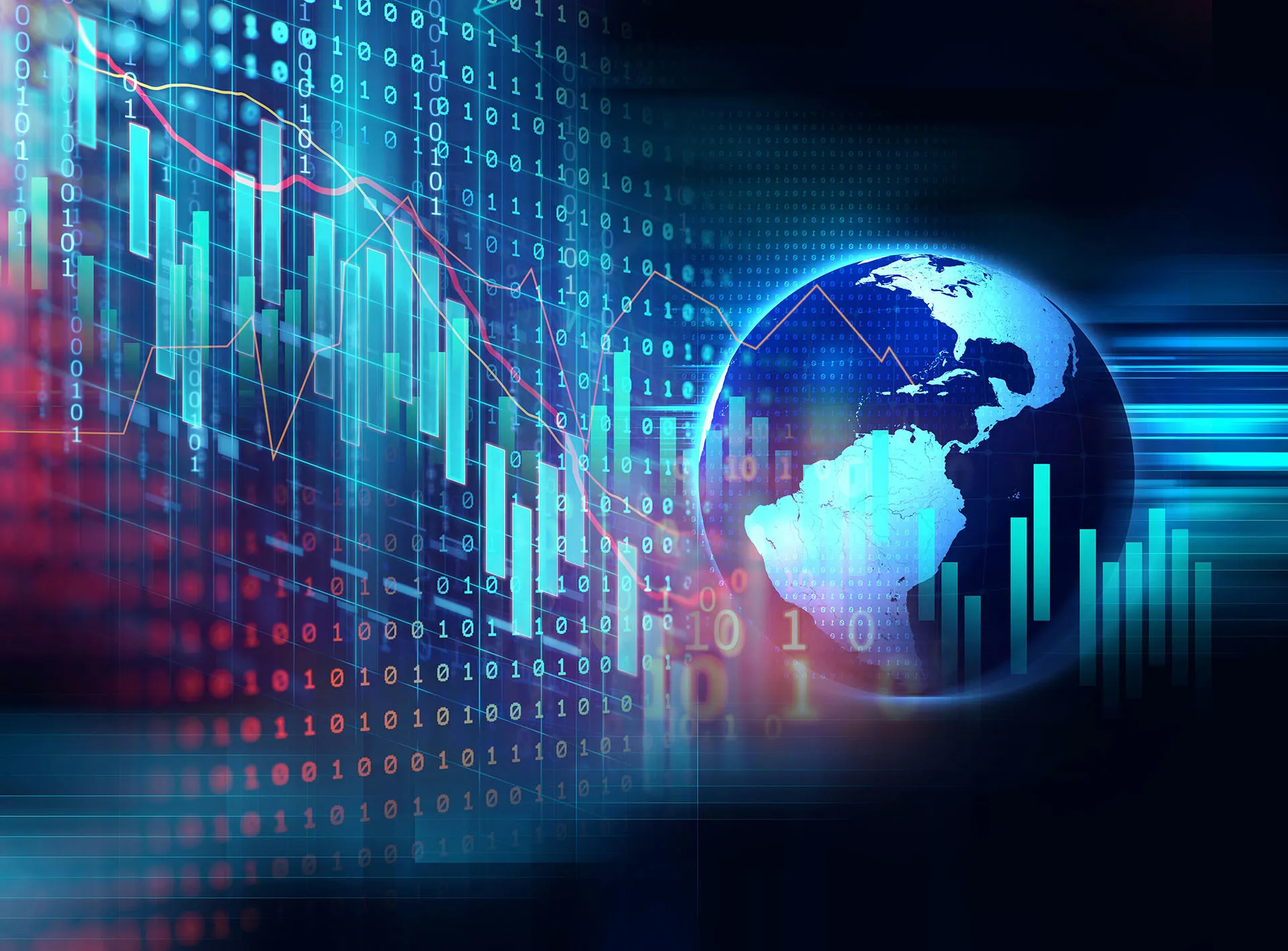  An abstract digital graphic featuring a blue globe overlaid with downward and upward trending financial bar charts, line graphs, and streaming binary code.