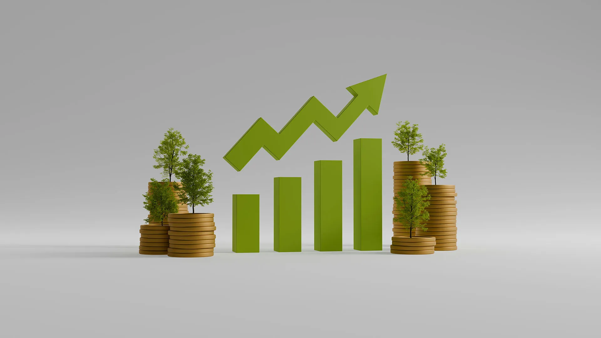 3D financial growth chart with green rising bars, an upward arrow, coin stacks, and small trees representing sustainable business growth.