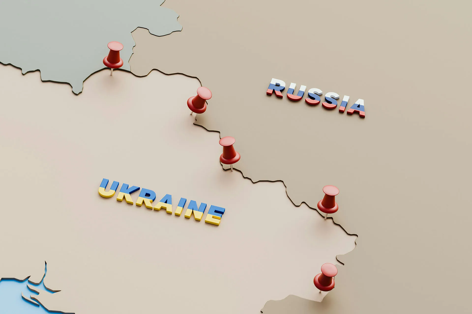  Map showing Ukraine and Russia with red location pins along the border, representing geopolitical conflict or regional tensions.