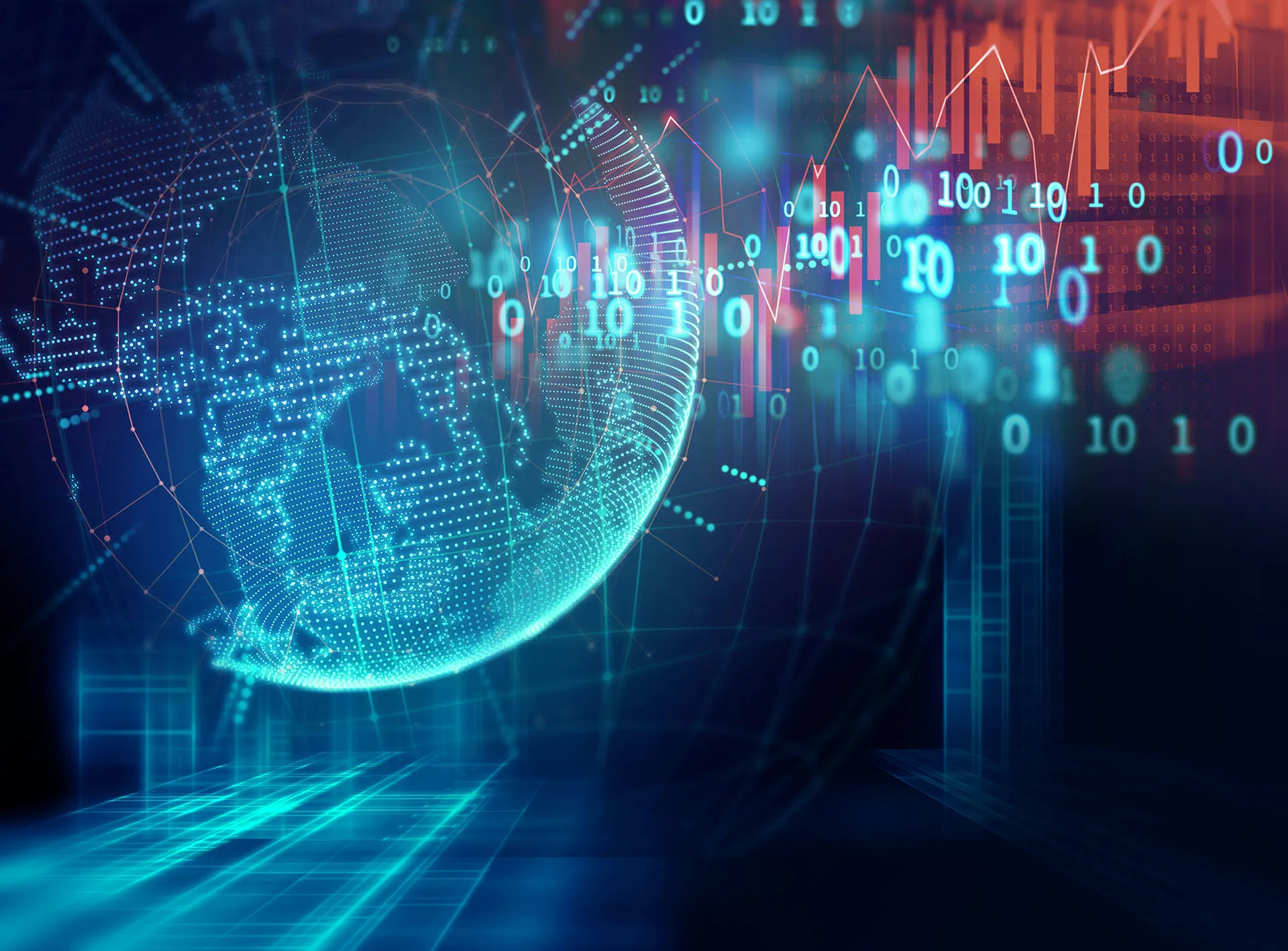  An abstract digital graphic featuring a glowing blue holographic globe surrounded by floating binary numbers and orange financial bar charts.