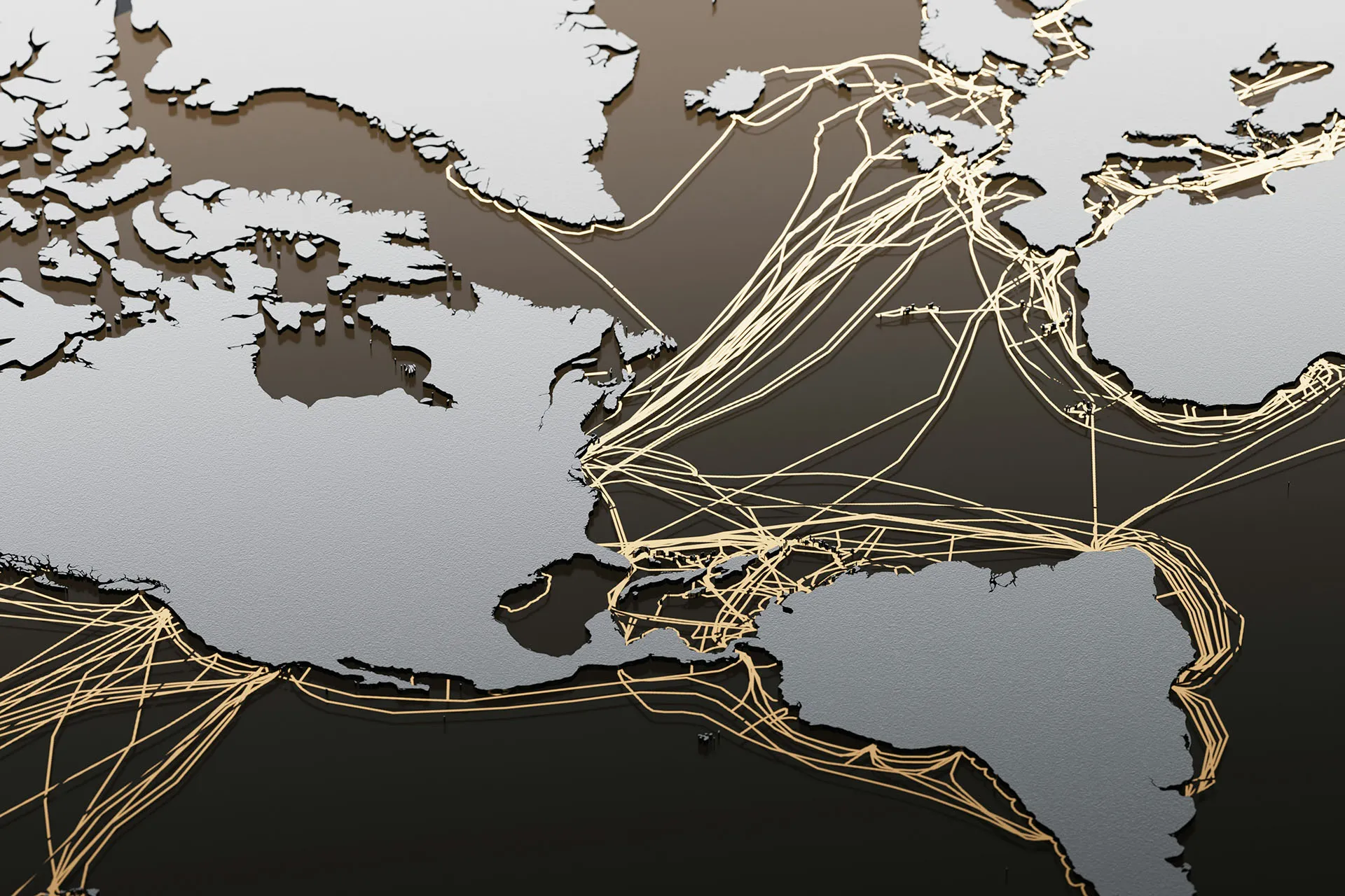  A 3D stylized world map focusing on the Americas and Europe, featuring metallic textured continents and glowing gold lines connecting global trade or data routes across the oceans.