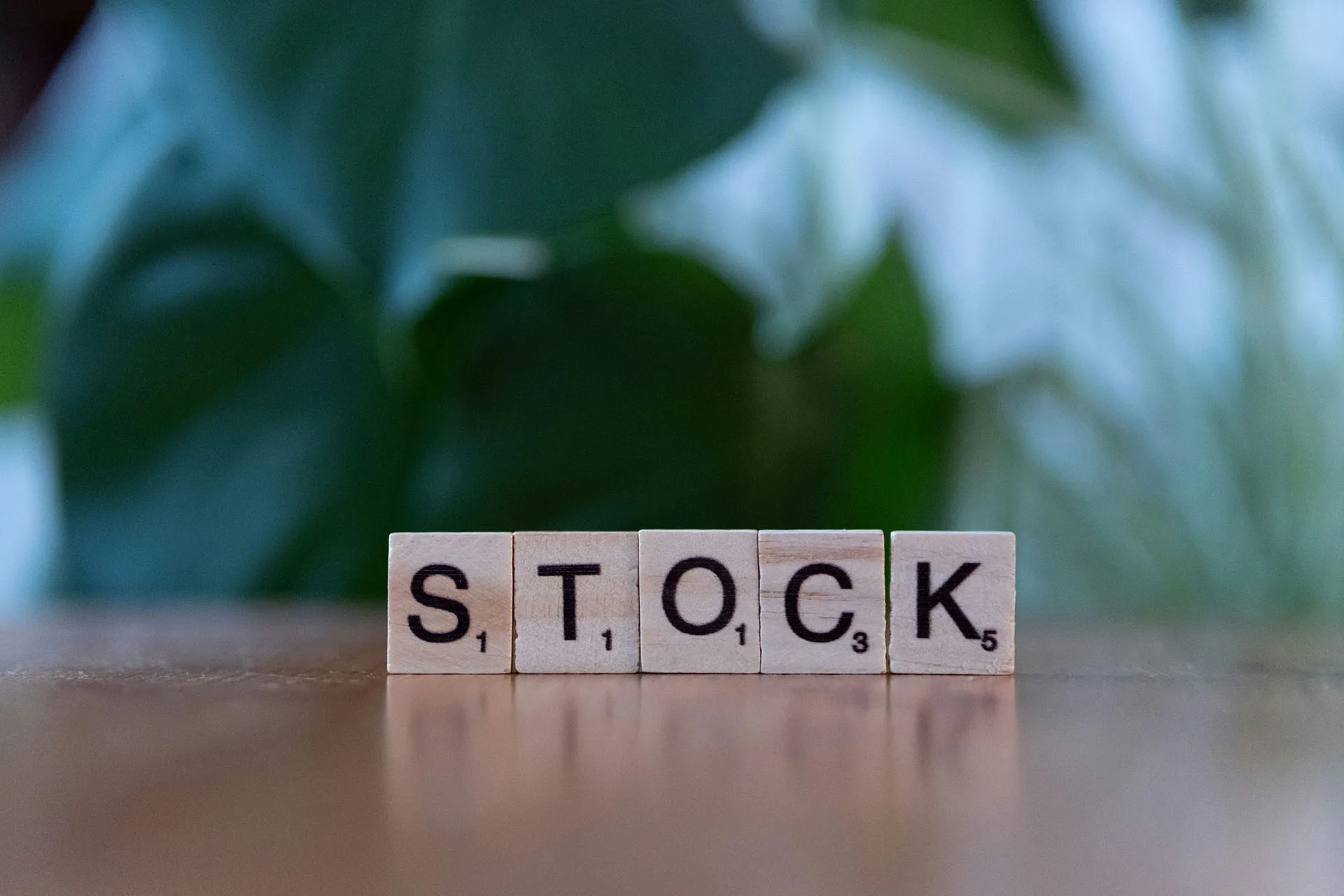 Wooden letter tiles spelling “STOCK” on a table with blurred green leaves in the background.