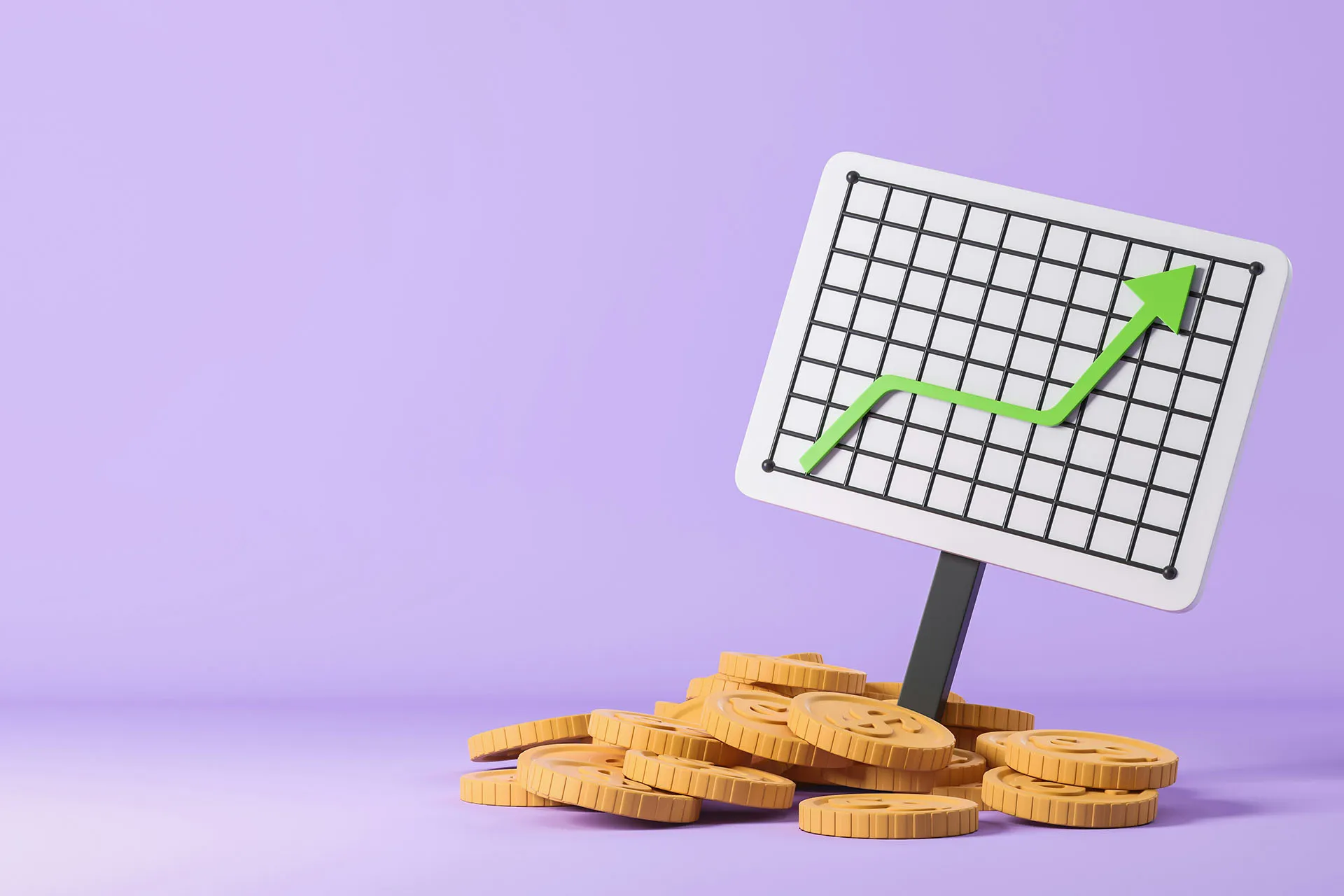 Green upward growth chart rising above gold coins on a purple background, representing financial growth and investment success.