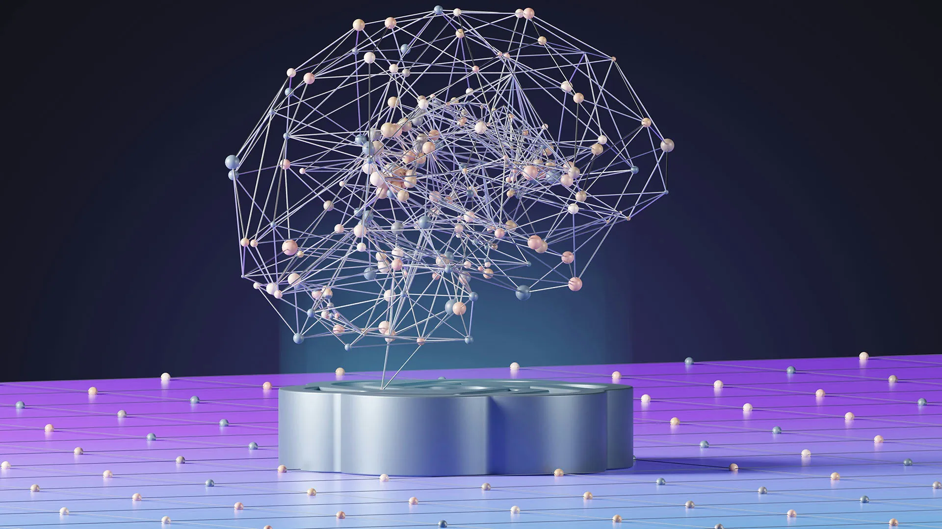  3D wireframe brain made of connected nodes and lines, representing artificial intelligence, neural networks, and machine learning.