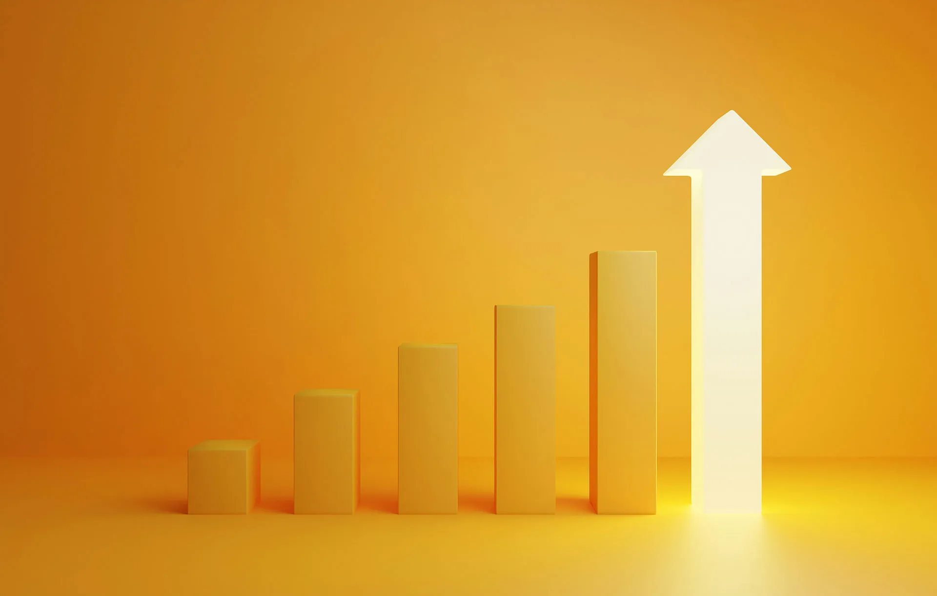 Orange 3D bar chart increasing in height with a bright upward arrow, representing business growth, progress, or rising performance.