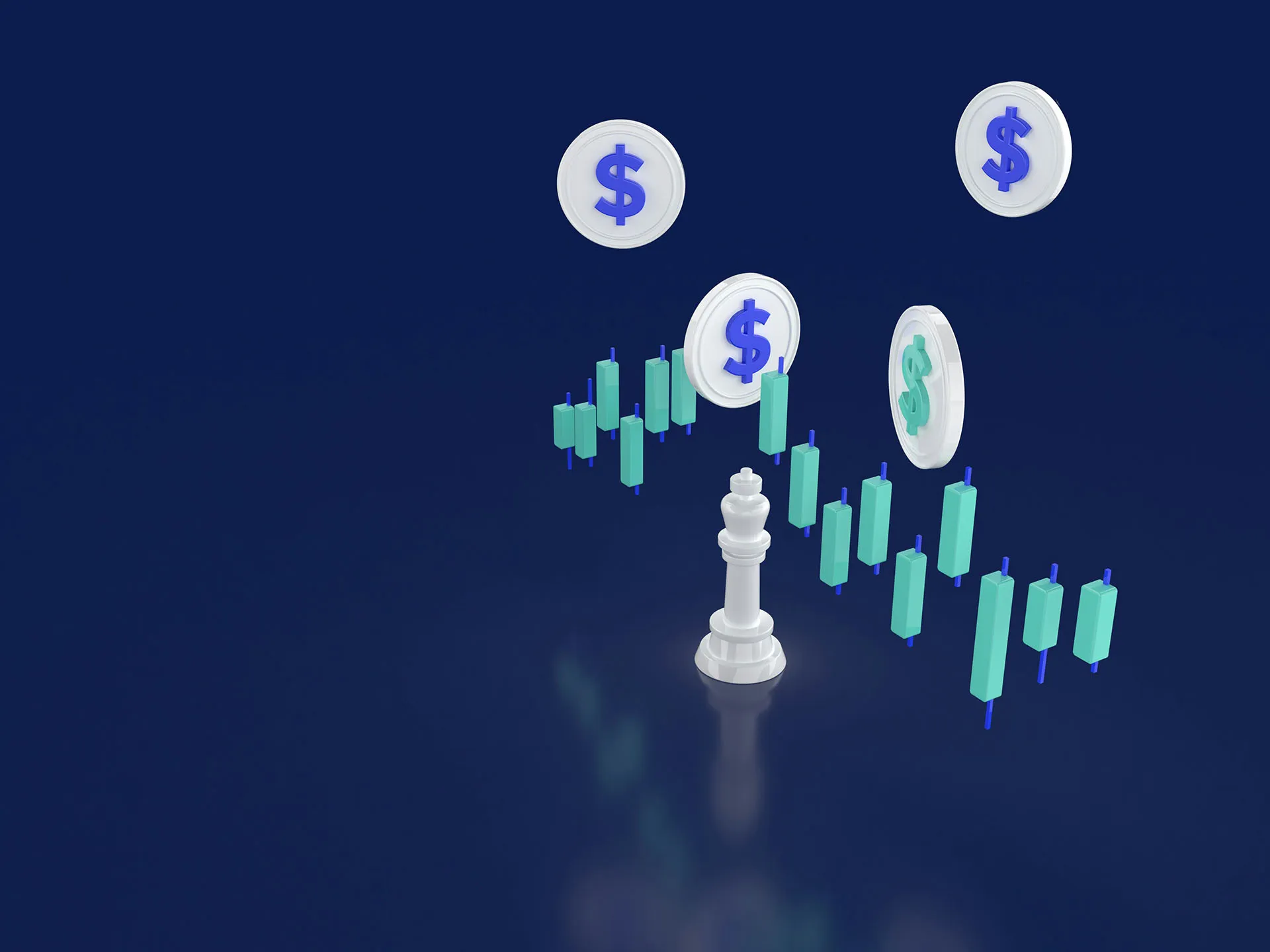  A 3D illustration of a white chess king standing in front of a teal candlestick stock chart with floating dollar sign coins against a dark blue background.