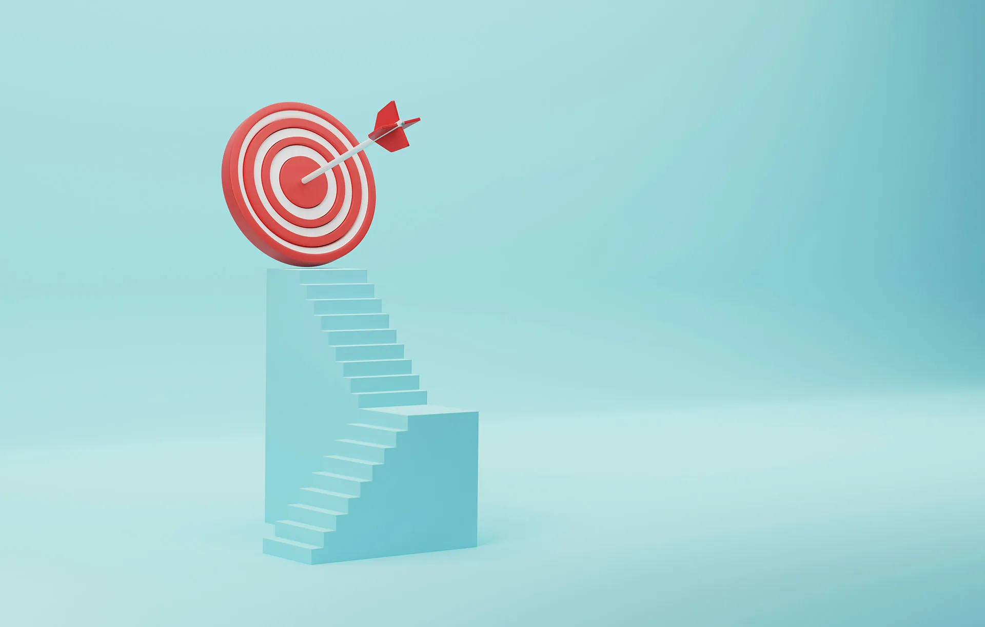  Red and white target with an arrow hitting the center, placed above a staircase on a light blue background to represent goals and success.