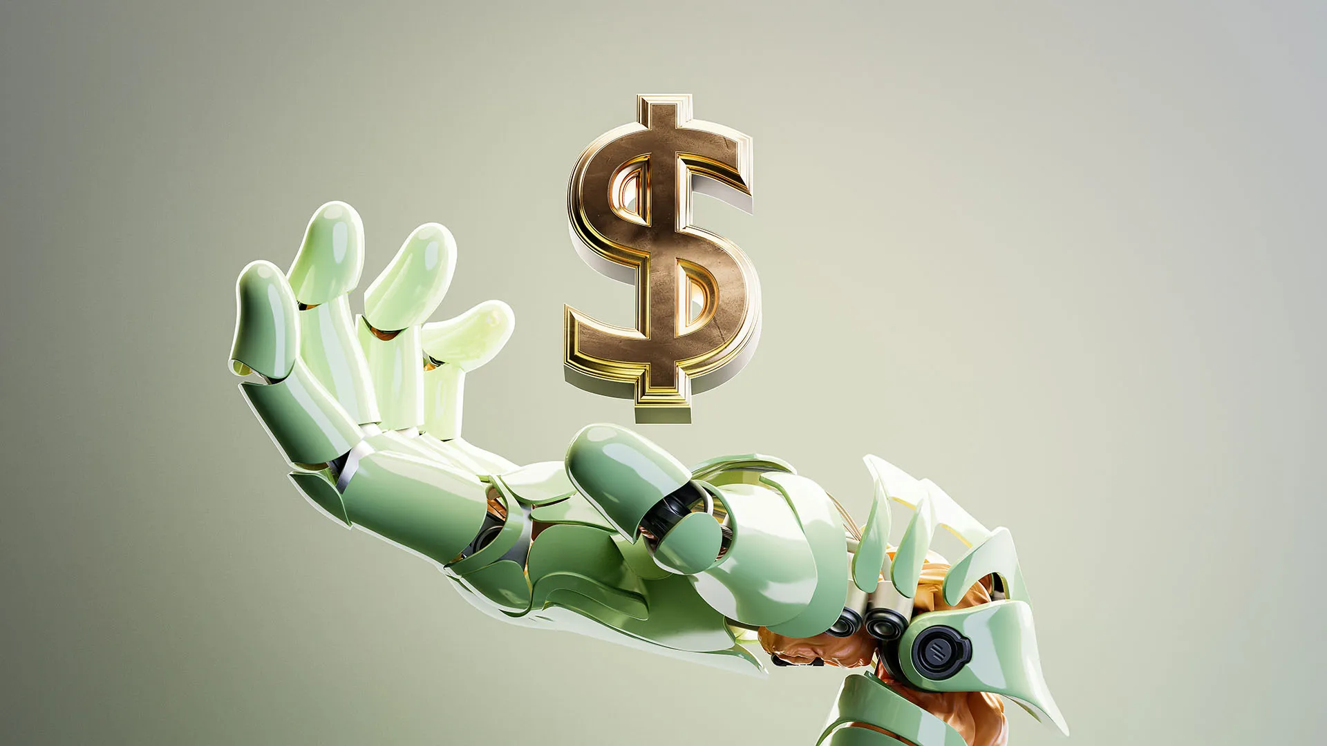  Robotic hand reaching toward a floating gold dollar sign, representing AI-driven finance and automation.