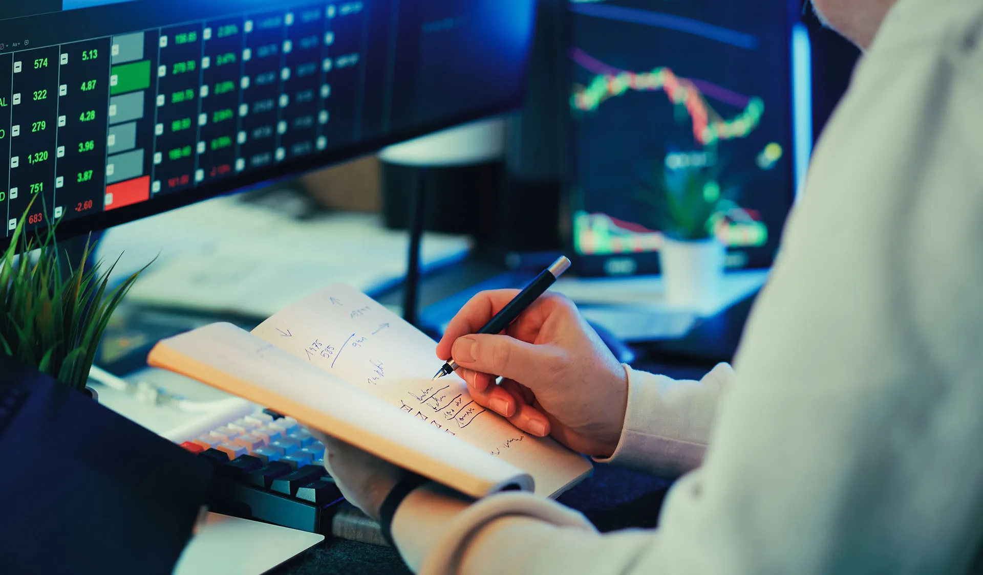  Computer monitors displaying financial market data and stock charts in a trading environment.