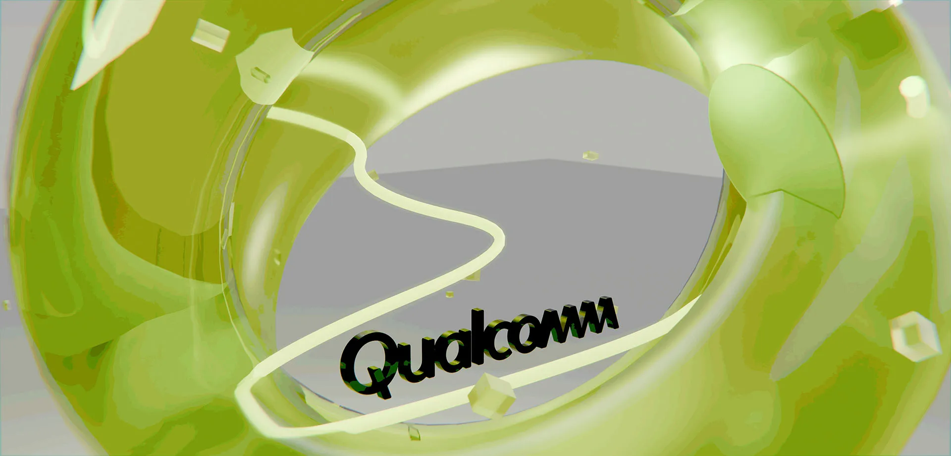  3D Qualcomm logo inside a glowing green circular technology graphic, representing semiconductor innovation and connectivity.
