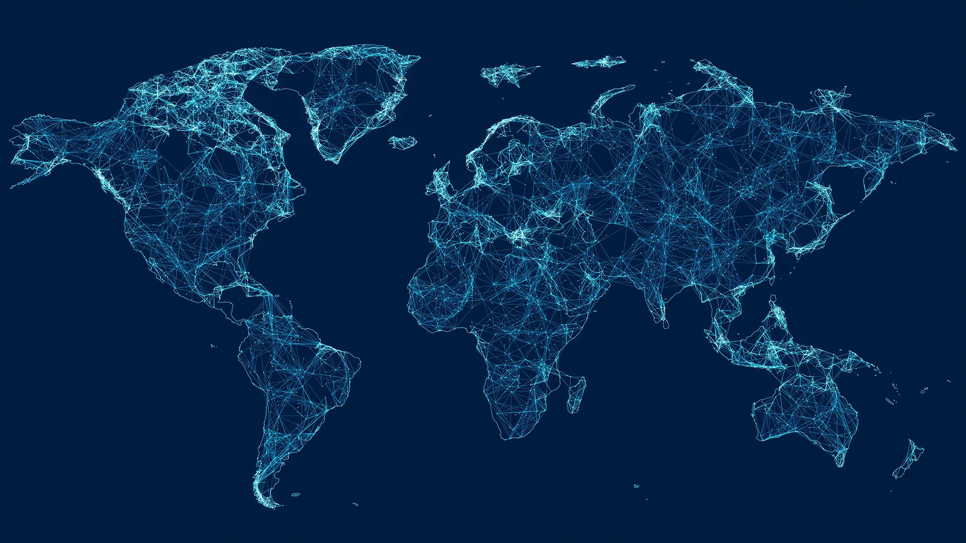 Digital world map with interconnected network lines representing global connectivity and international markets.