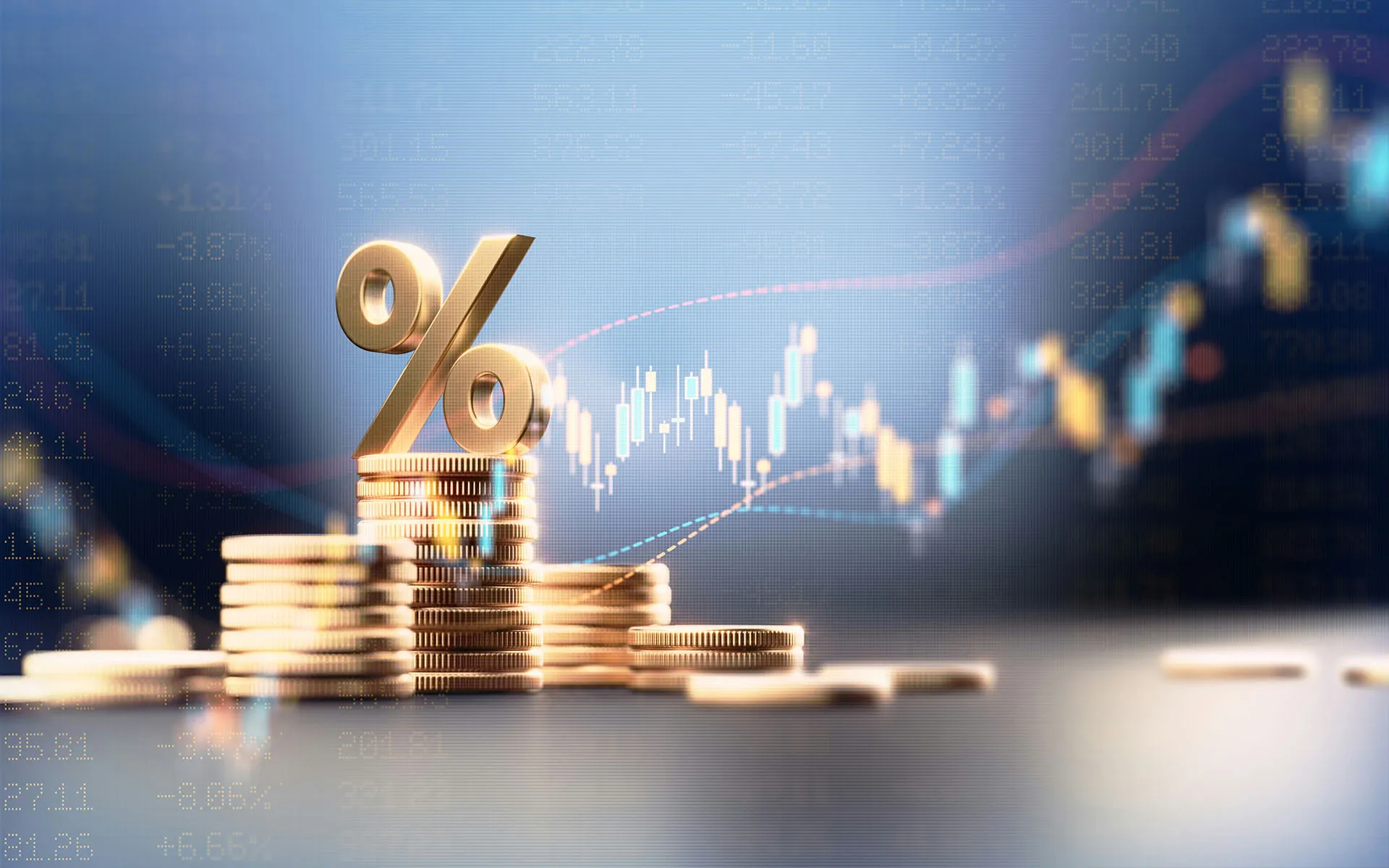  A small pile of coins with a golden percentage symbol standing on top, in front of a financial graph